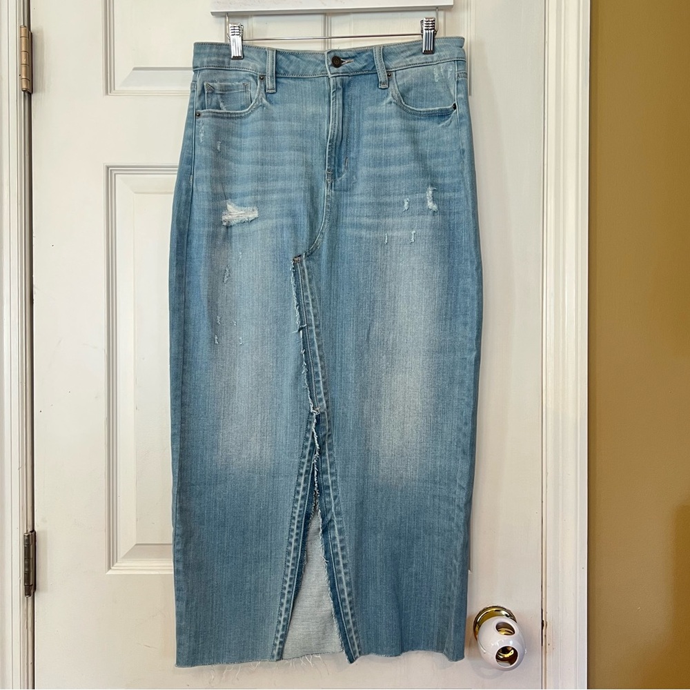 Hidden Peyton Denim Skirt Women's Distressed Raw Hem Front Slit Sz L
